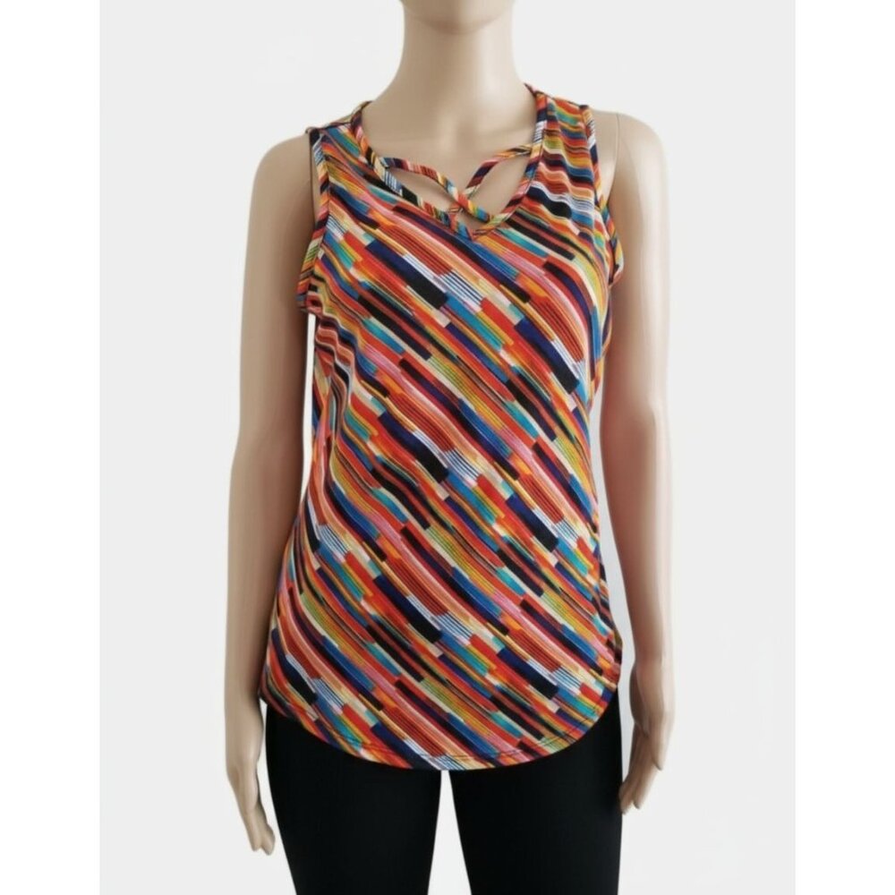 Ultra Teeze Women's Caged Neck Sleeveless Multicolor Blouse Size Medium - Picture 2 of 7